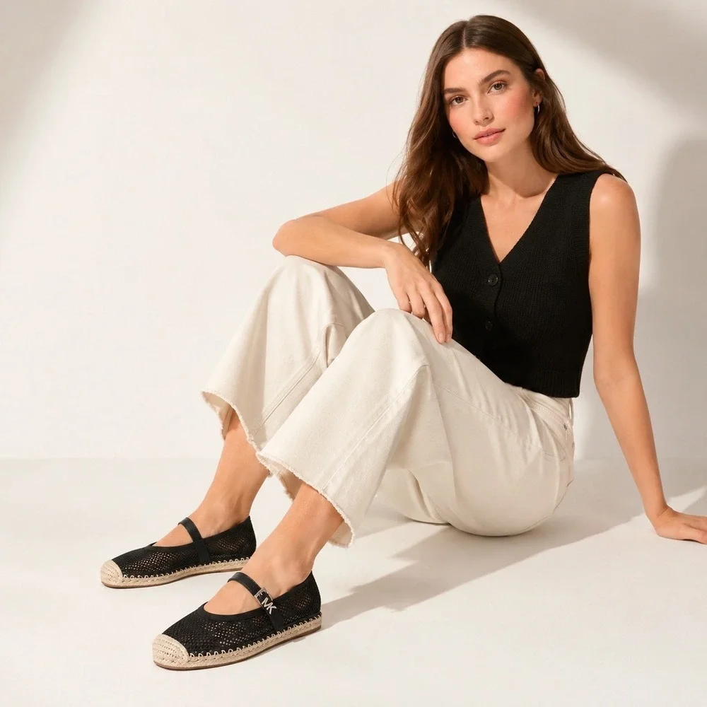 Michael Kors Black Mesh‎ Mary Jane Espadrille Flats MK Logo 10 Resortwear 106-09